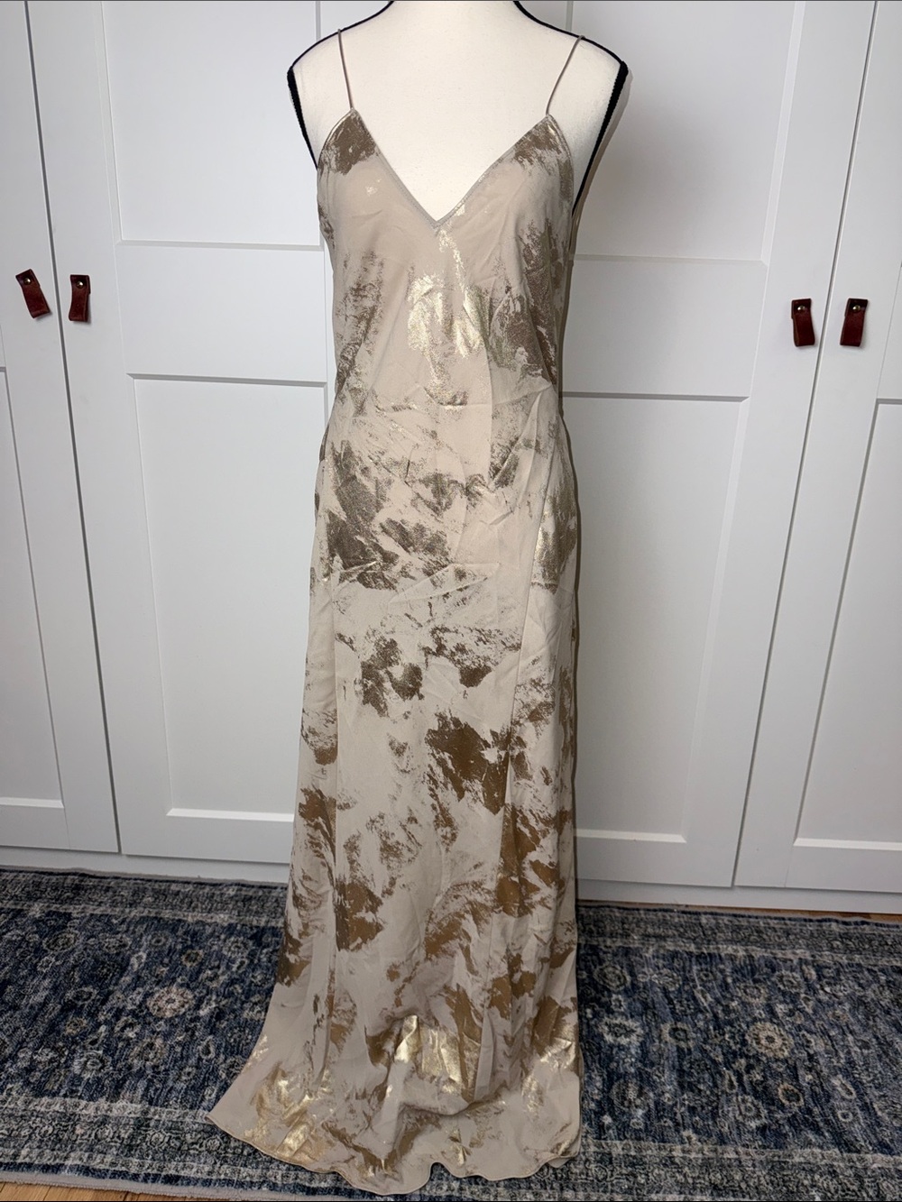 Backless low back Metallic Gold foil Slip Maxi Dress - Picture 2 of 8